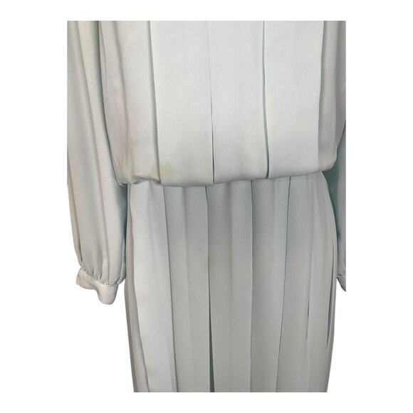 Vintage Light Blue Midi Dress Long Sleeve Elegant Open Lace Collar Shoulder Pads - Picture 2 of 12